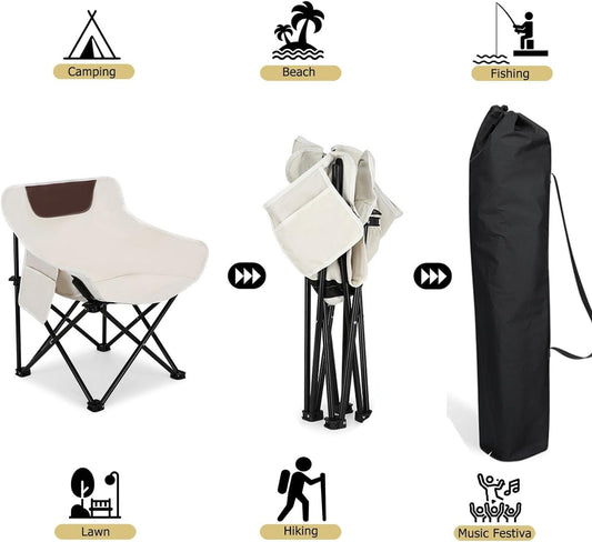 2 PCS Folding Moon Chair - Camping Chair with Side Pocket, Foldable Backpacking Chair Ultra Durable with Camping Light for BBQ, Hiking, Fishing, Picnic (White)