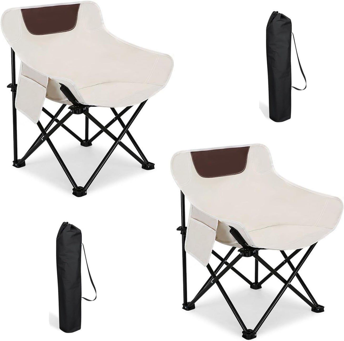 2 PCS Folding Moon Chair - Camping Chair with Side Pocket, Foldable Backpacking Chair Ultra Durable with Camping Light for BBQ, Hiking, Fishing, Picnic (White)