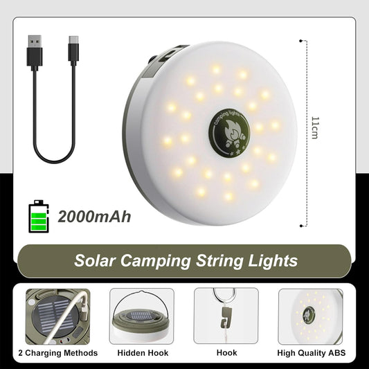 Solar Camping String Lights Outdoor, String Lights with 5 Lighting Modes, Quick Storage, Camp Lanterns for Power Outages, Type-C Fast Charging, Portable 2 in 1 Camping Light(10M)