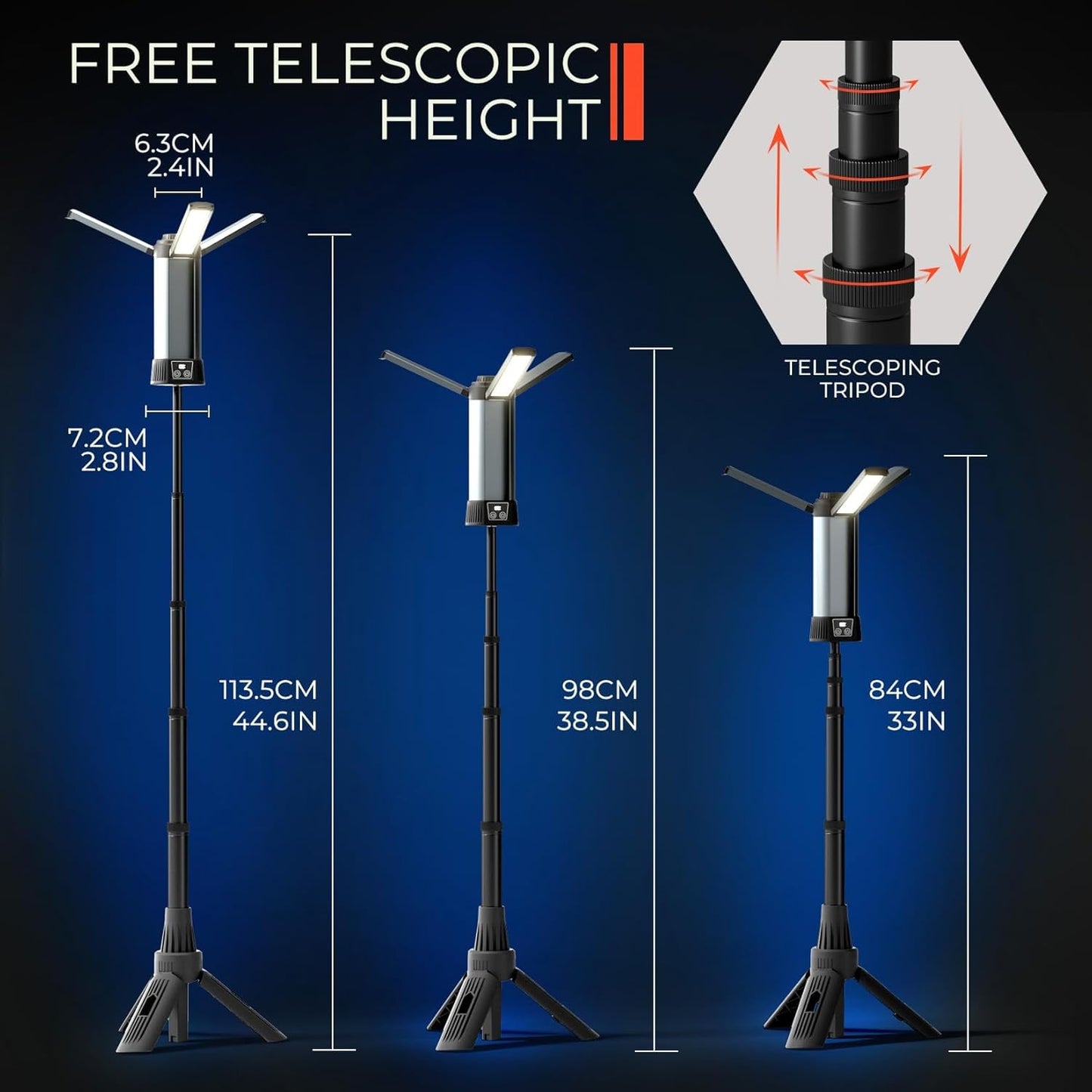 Rechargeable LED Work Light with Stand - Cordless Work Light Kit 3 Page Head,500/1000/2000 Lumen Dimmable 6AH Camping Light with Detachable Tripod,Hooks and Carrying Bag (Work Light with Tripod)