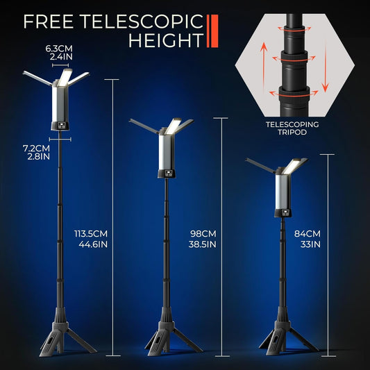 Rechargeable LED Work Light with Stand - Cordless Work Light Kit 3 Page Head,500/1000/2000 Lumen Dimmable 6AH Camping Light with Detachable Tripod,Hooks and Carrying Bag (Work Light with Tripod)