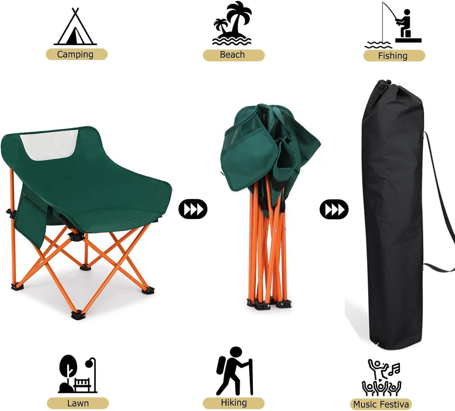 2 PCS Folding Moon Chair - Camping Chair with Side Pocket, Foldable Backpacking Chair Ultra Durable with Camping Light for BBQ, Hiking, Fishing, Picnic (Green)