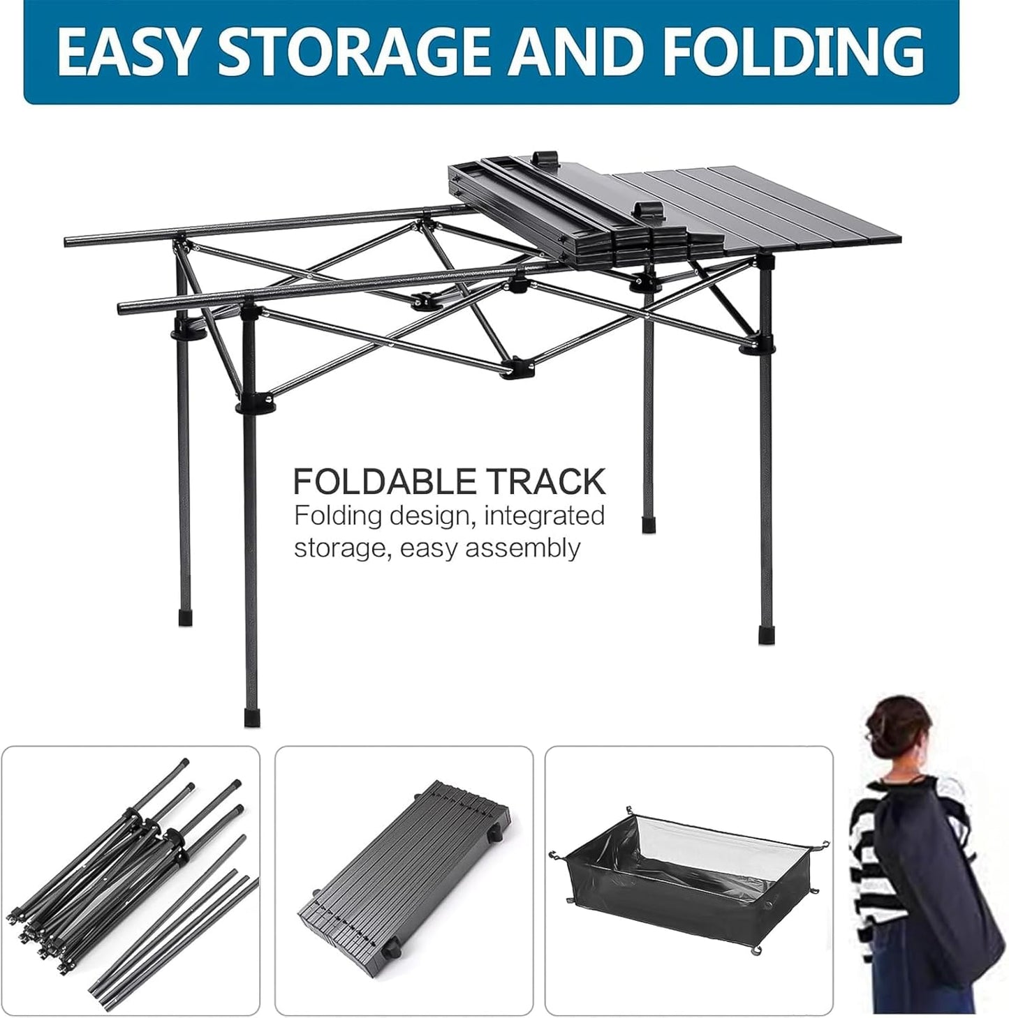 Foldable Table, Folding Camping Table, Roll-Top Table w/Mesh Bag, Roll-up Table with Mesh Storage Organizer and Carry Bag, Folding Beach Table for Camping, Beach, Picnic, BBQ (95 * 55 * 50CM)