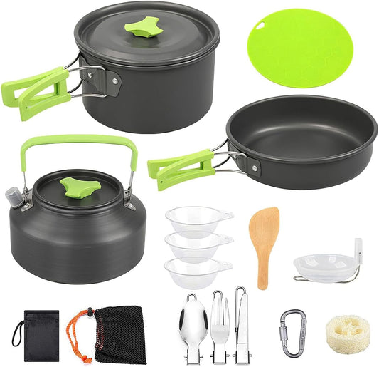 16 Pcs Camping Cookware Mess Kit Non-Stick Pots Pan Set