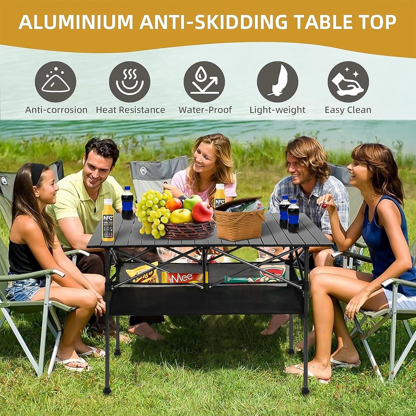 Foldable Table, Folding Camping Table, Roll-Top Table w/Mesh Bag, Roll-up Table with Mesh Storage Organizer and Carry Bag, Folding Beach Table for Camping, Beach, Picnic, BBQ (95 * 55 * 50CM)