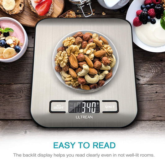 Ultrean Digital Food Scale, High Precision Kitchen Scale, Measures in Grams and Ounces for Cooking and Baking, 5 Units with Tare Function, Stainless Surface (Batteries Included) - Silver