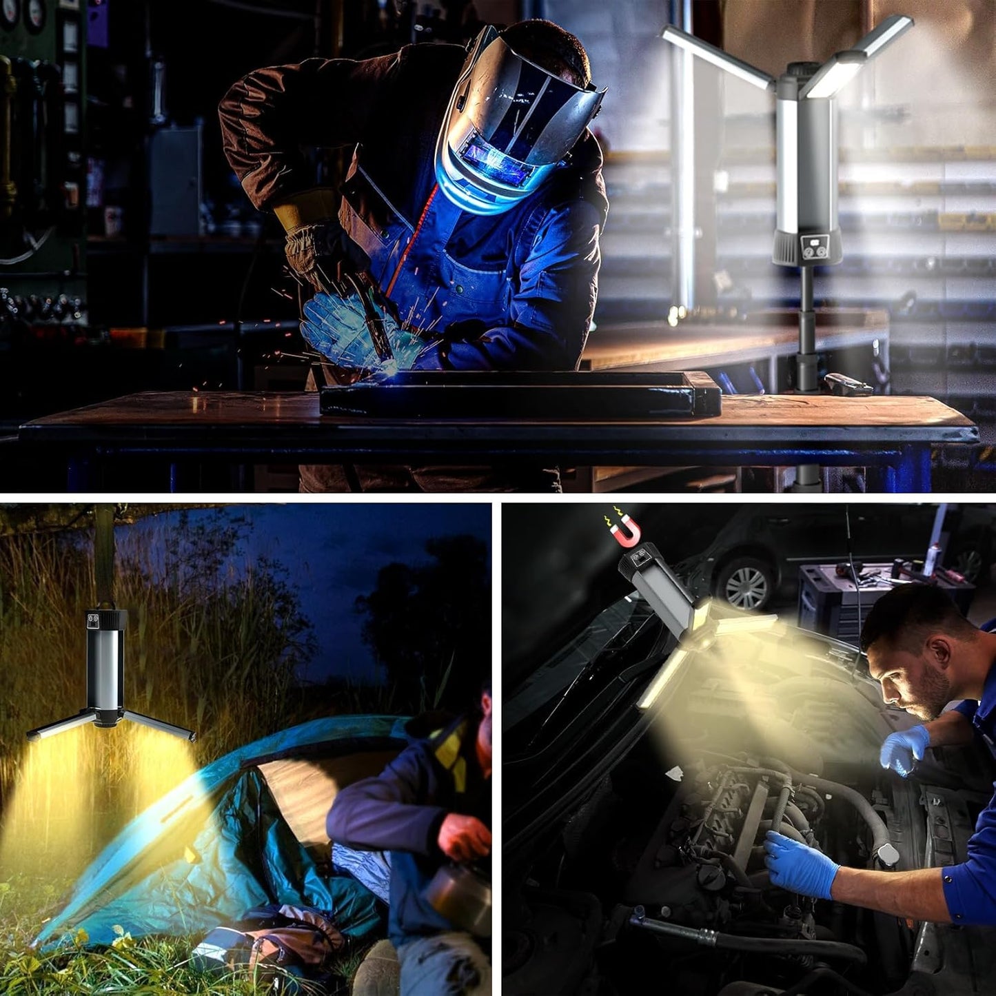 Rechargeable LED Work Light with Stand - Cordless Work Light Kit 3 Page Head,500/1000/2000 Lumen Dimmable 6AH Camping Light with Detachable Tripod,Hooks and Carrying Bag (Work Light with Tripod)