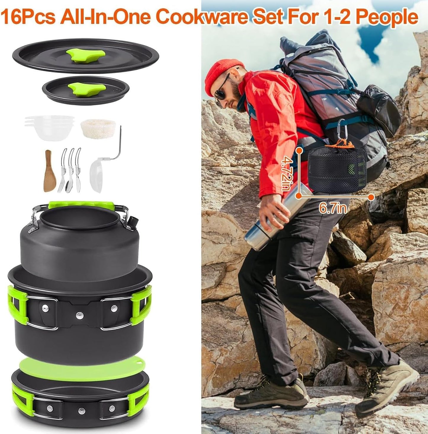 16 Pcs Camping Cookware Mess Kit Non-Stick Pots Pan Set