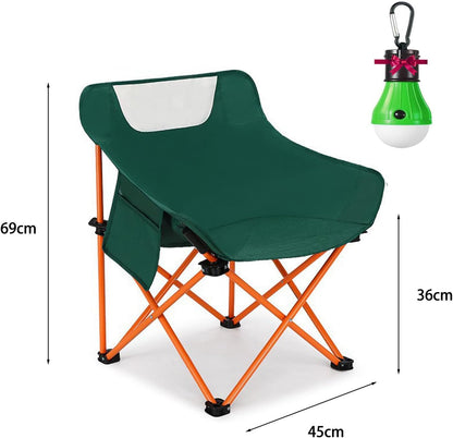 2 PCS Folding Moon Chair - Camping Chair with Side Pocket, Foldable Backpacking Chair Ultra Durable with Camping Light for BBQ, Hiking, Fishing, Picnic (Green)