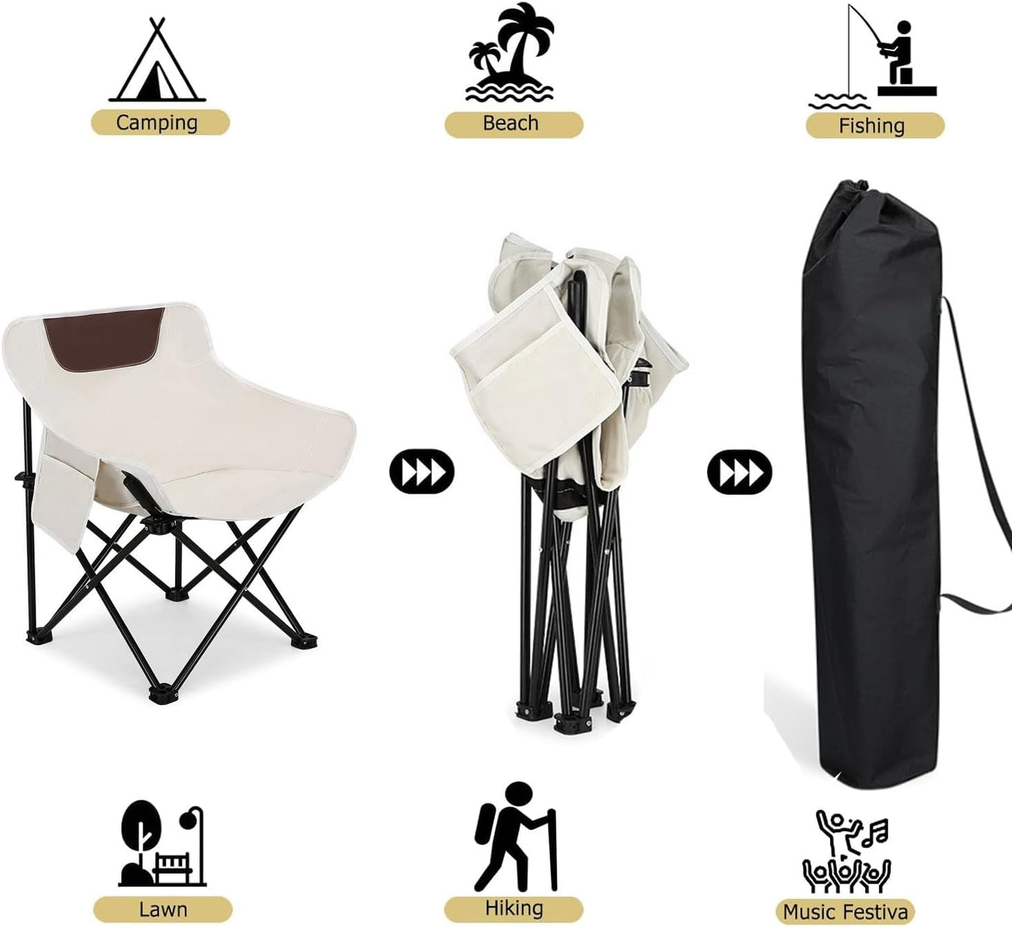 2 PCS Folding Moon Chair - Camping Chair with Side Pocket, Foldable Backpacking Chair Ultra Durable with Camping Light for BBQ, Hiking, Fishing, Picnic (White)