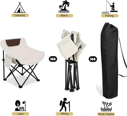 2 PCS Folding Moon Chair - Camping Chair with Side Pocket, Foldable Backpacking Chair Ultra Durable with Camping Light for BBQ, Hiking, Fishing, Picnic (White)