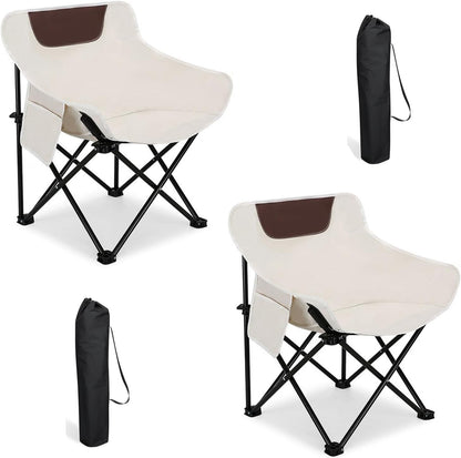 2 PCS Folding Moon Chair - Camping Chair with Side Pocket, Foldable Backpacking Chair Ultra Durable with Camping Light for BBQ, Hiking, Fishing, Picnic (White)
