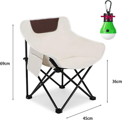 2 PCS Folding Moon Chair - Camping Chair with Side Pocket, Foldable Backpacking Chair Ultra Durable with Camping Light for BBQ, Hiking, Fishing, Picnic (White)
