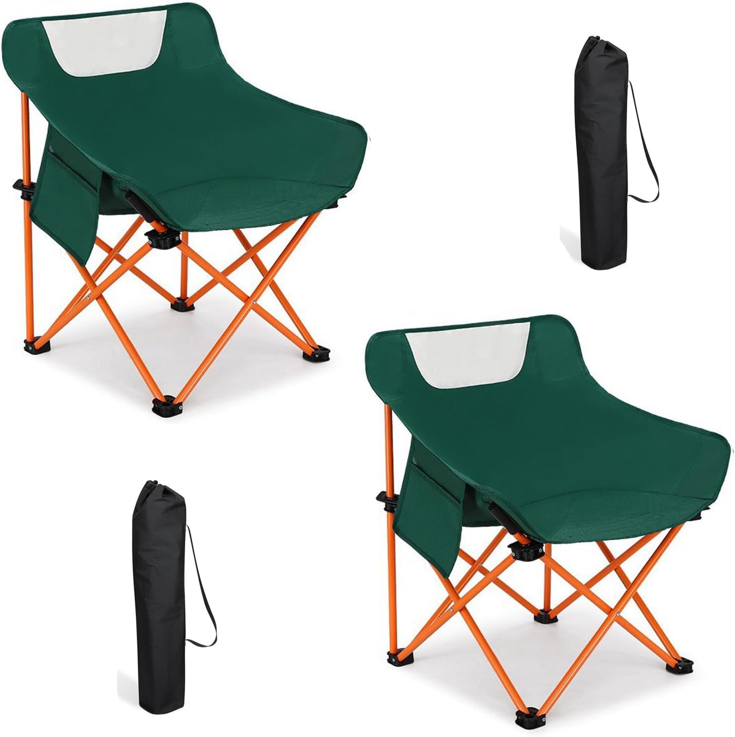 2 PCS Folding Moon Chair - Camping Chair with Side Pocket, Foldable Backpacking Chair Ultra Durable with Camping Light for BBQ, Hiking, Fishing, Picnic (Green)