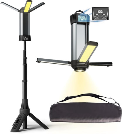 Rechargeable LED Work Light with Stand - Cordless Work Light Kit 3 Page Head,500/1000/2000 Lumen Dimmable 6AH Camping Light with Detachable Tripod,Hooks and Carrying Bag (Work Light with Tripod)
