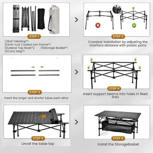 Foldable Table, Folding Camping Table, Roll-Top Table w/Mesh Bag, Roll-up Table with Mesh Storage Organizer and Carry Bag, Folding Beach Table for Camping, Beach, Picnic, BBQ (95 * 55 * 50CM)