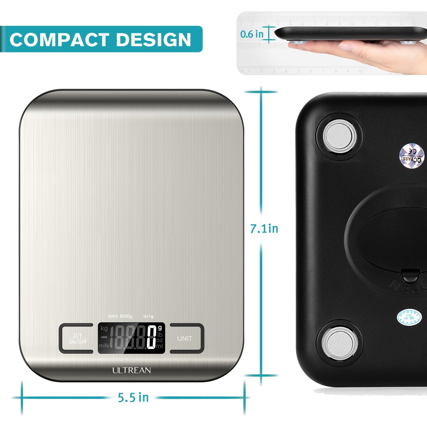 Ultrean Digital Food Scale, High Precision Kitchen Scale, Measures in Grams and Ounces for Cooking and Baking, 5 Units with Tare Function, Stainless Surface (Batteries Included) - Silver