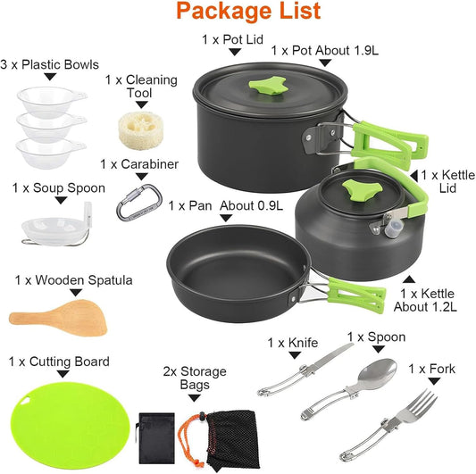16 Pcs Camping Cookware Mess Kit Non-Stick Pots Pan Set