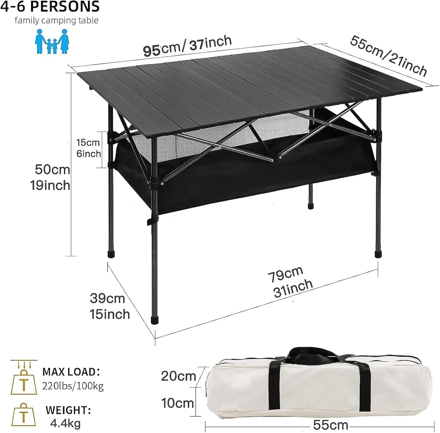 Foldable Table, Folding Camping Table, Roll-Top Table w/Mesh Bag, Roll-up Table with Mesh Storage Organizer and Carry Bag, Folding Beach Table for Camping, Beach, Picnic, BBQ (95 * 55 * 50CM)