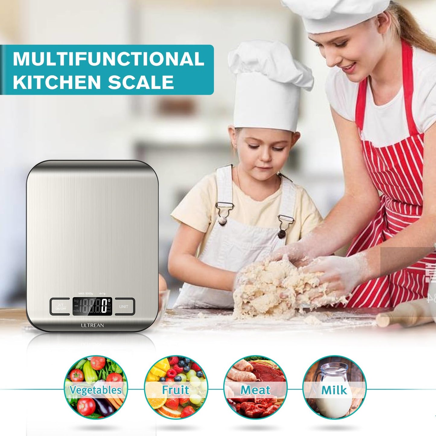 Ultrean Digital Food Scale, High Precision Kitchen Scale, Measures in Grams and Ounces for Cooking and Baking, 5 Units with Tare Function, Stainless Surface (Batteries Included) - Silver