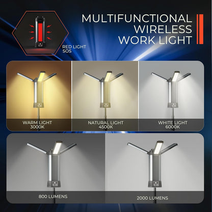 Rechargeable LED Work Light with Stand - Cordless Work Light Kit 3 Page Head,500/1000/2000 Lumen Dimmable 6AH Camping Light with Detachable Tripod,Hooks and Carrying Bag (Work Light with Tripod)