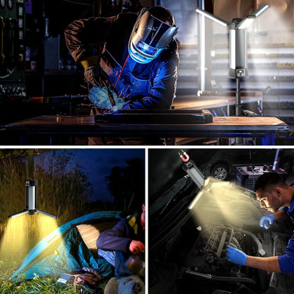 Rechargeable LED Work Light with Stand - Cordless Work Light Kit 3 Page Head,500/1000/2000 Lumen Dimmable 6AH Camping Light with Detachable Tripod,Hooks and Carrying Bag (Work Light with Tripod)