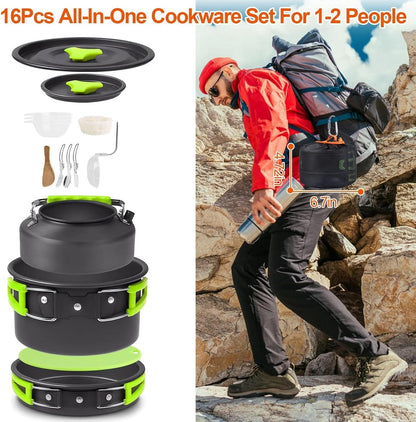 16 Pcs Camping Cookware Mess Kit Non-Stick Pots Pan Set