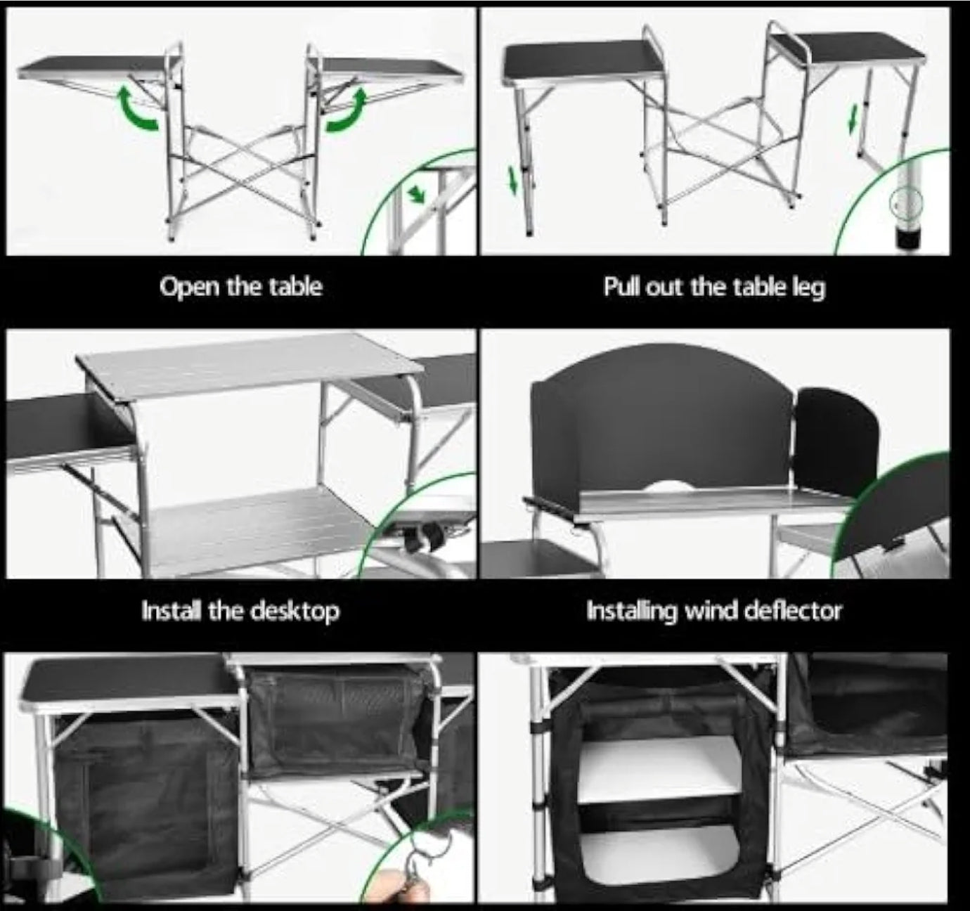 Foldable & Portable Design – Easy to carry, store, and set up anywhere
Durable & Weather-Resistant – Made from strong, outdoor-grade materials
Extensible Tabletop – Adjustable size for extra working space
Carry Handle Included – Integrated handle and comp