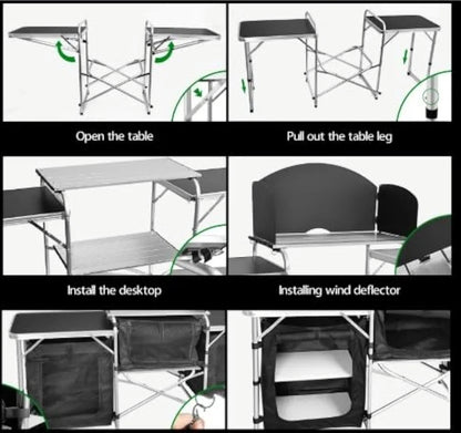 Foldable & Portable Design – Easy to carry, store, and set up anywhere
Durable & Weather-Resistant – Made from strong, outdoor-grade materials
Extensible Tabletop – Adjustable size for extra working space
Carry Handle Included – Integrated handle and comp