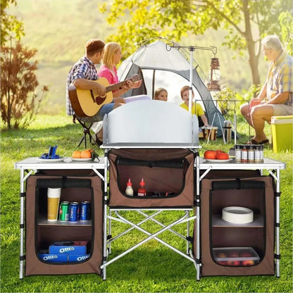 Foldable & Portable Design – Easy to carry, store, and set up anywhere
Durable & Weather-Resistant – Made from strong, outdoor-grade materials
Extensible Tabletop – Adjustable size for extra working space
Carry Handle Included – Integrated handle and comp