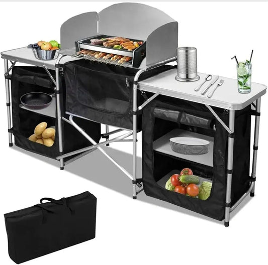 Foldable & Portable Design – Easy to carry, store, and set up anywhere
Durable & Weather-Resistant – Made from strong, outdoor-grade materials
Extensible Tabletop – Adjustable size for extra working space
Carry Handle Included – Integrated handle and comp